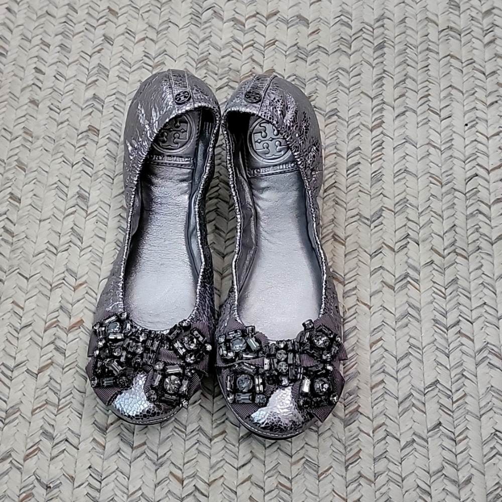 Tory Burch Eddie Azalea Pewter Gray Metallic Beaded Bow Ballet Flats 6